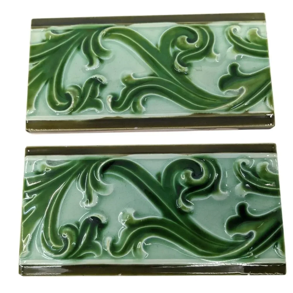 Pair Lot 2 Antique 1900's Belgium HELMAN MAJOLICA TILES Leaves Scroll Border 3x6